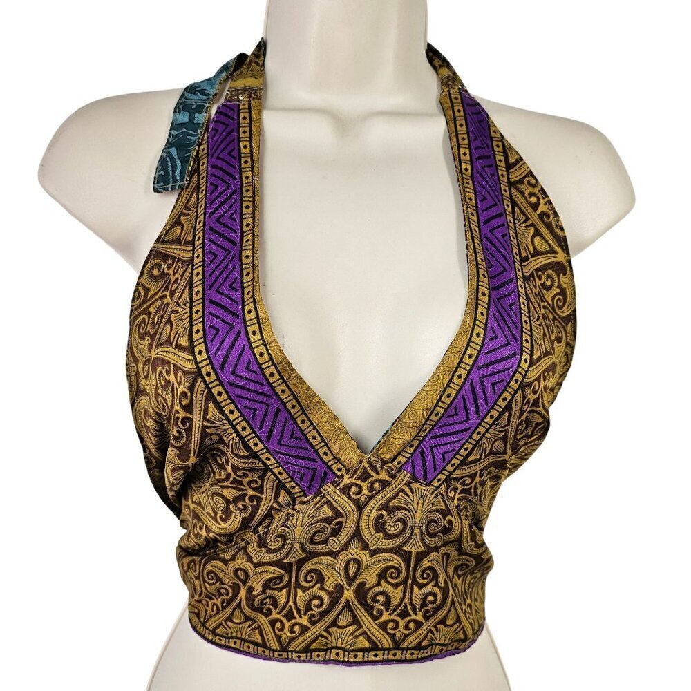 Retro Reversible Halter Crop Top Womens OS Silk Blnd Tie Back Blue Gold